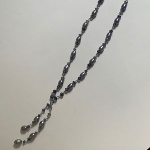NECKLACE, GREY PEARLS W/BLUE STONES